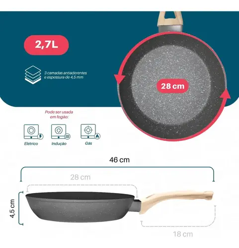 Frigideira AntiAderente Ceramica 28cm Cinza Dolce Home