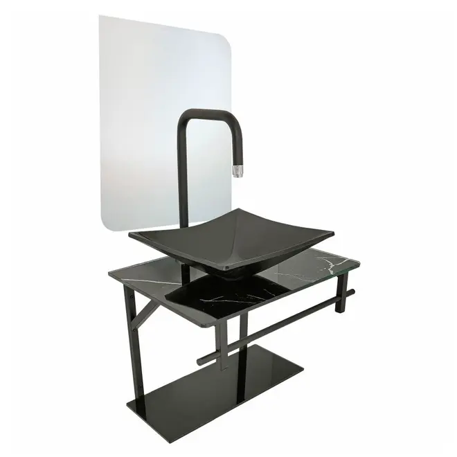 Kit Lavabo, Cuba e Espelho Rubi 48cm Mármore Preto Dulluc