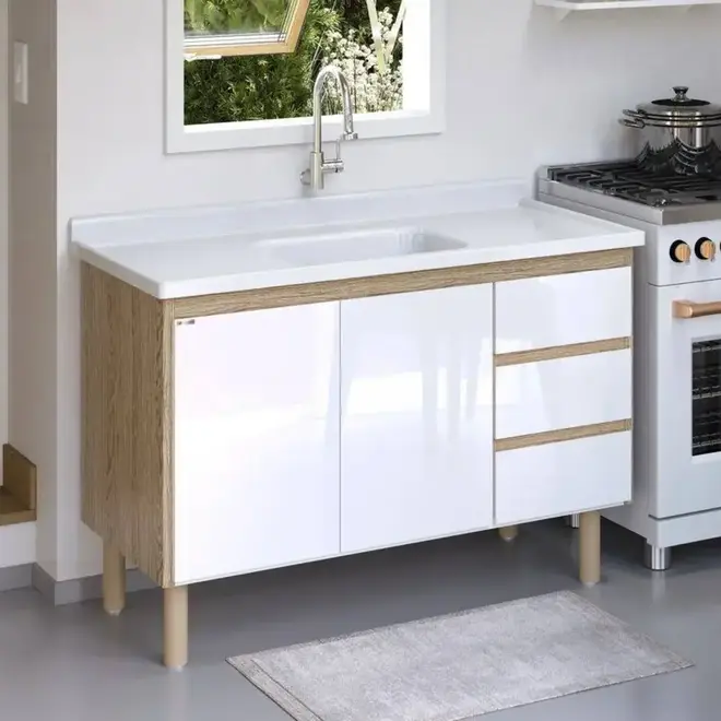 Gabinete de Cozinha Atenas 1,16m Branco/Cerejeira AJR