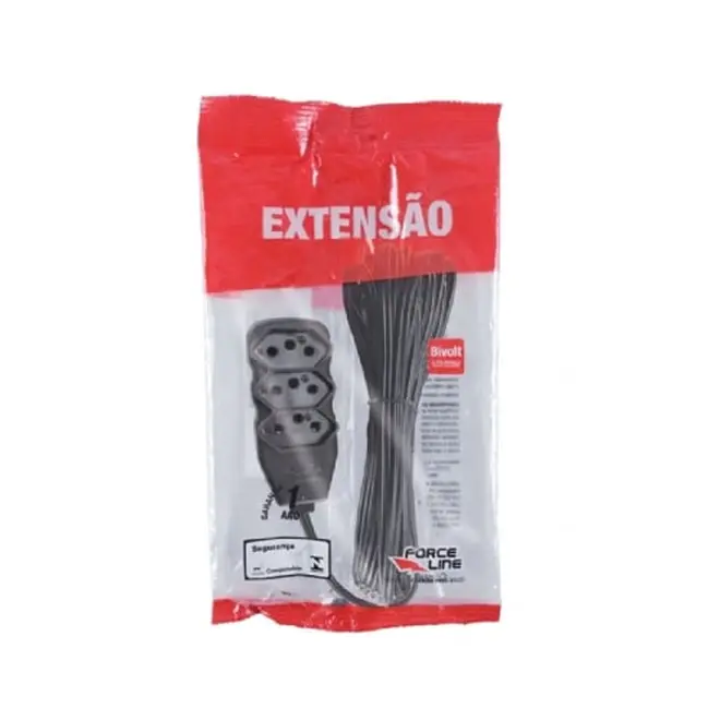 Extensão Tripolar Slim 3Tomadas 2P+T 10A 05M Preto Bivolt Force-Line
