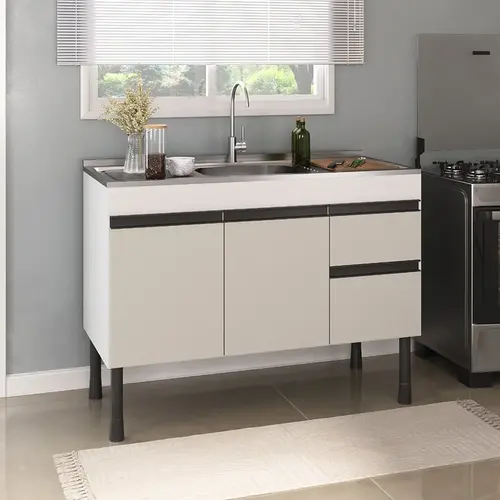 Gabinete de Cozinha Asteca 1,14m Branco/Fumê Inove