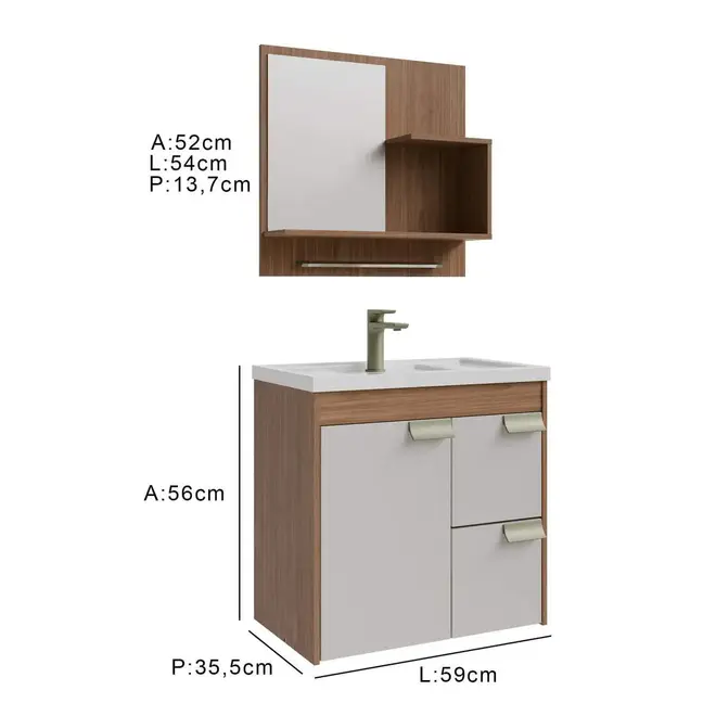 Kit Gabinete Banheiro Tulipa 59cm Cinamomo/Off White MGM
