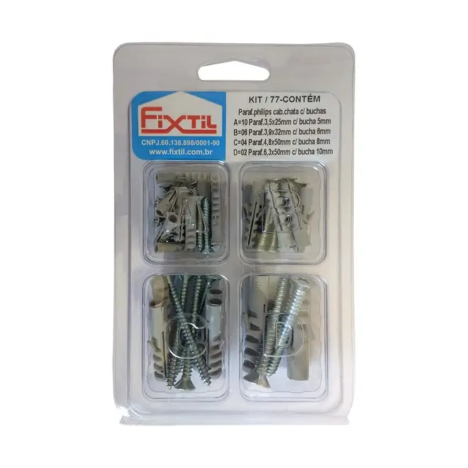 KIT PARAFUSOS PHILIPS CABEÇA CHATA C/BUCHAS KIT77 FIXTIL