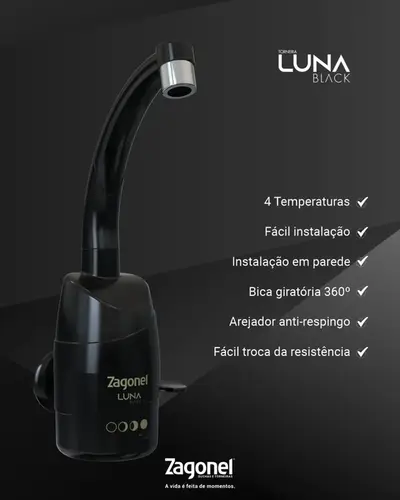 Torneira Elétrica Luna Parede 4T Black 5500w 220v Zagonel